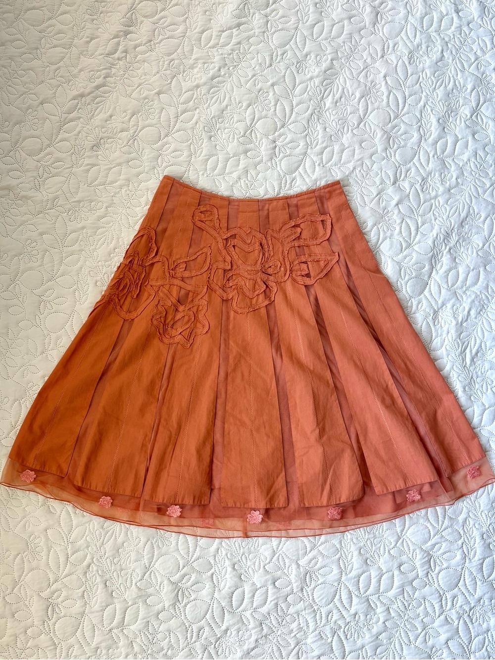 April Cornell 100% Cotton Floral Applique Midi Skirt Rust Orange Medium